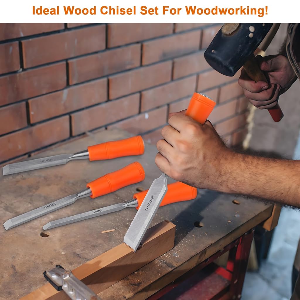 Serplex® 4PCS Woodwork Chisel Set Mortise Chisels Tools for Woodworking with Steel Hammer End Anti-slip Handle 6mm 12mm 18mm 24mm Serplex® 4PCS Woodwork Chisel Set Mortise Chisels Tools for Woodworking with Steel Hammer End Anti-slip Handle 6mm 12mm 18mm 24mm